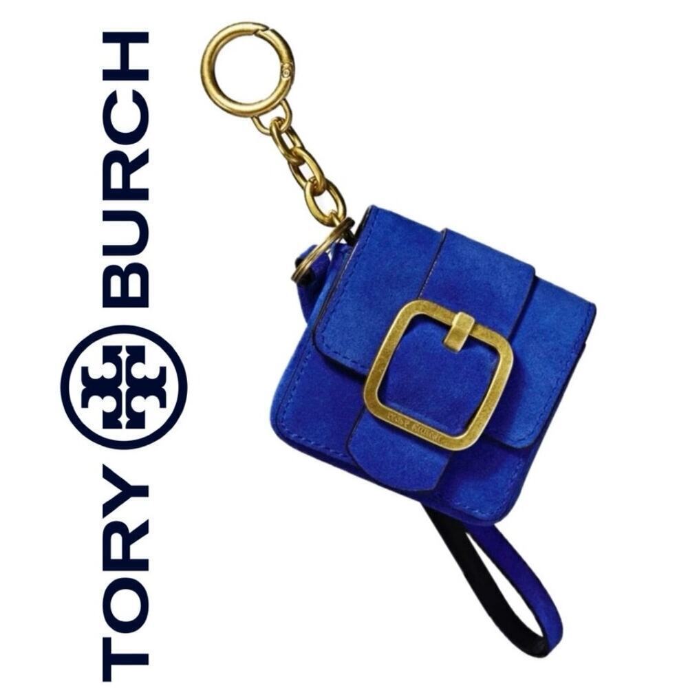 NEW TORY BURCH SAWYER MINI BAG KEY CHAIN WRISTLET BLUE DAHLIA CHARM AIRBUD FOB
